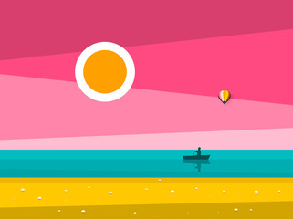 Wall Mural - Sunset Ocean Landscape. Sunrise Sea with Man on Rowing Boat Silhouette. Vector Flat Design Illustration.