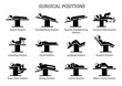 Surgical Surgery Operation Positions. Stick figures depict a set of surgery positions for the patient on the surgery chair and bed.
