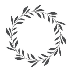 vector hand drawn floral wreath, round frame with leaves, decorative design element, illustration