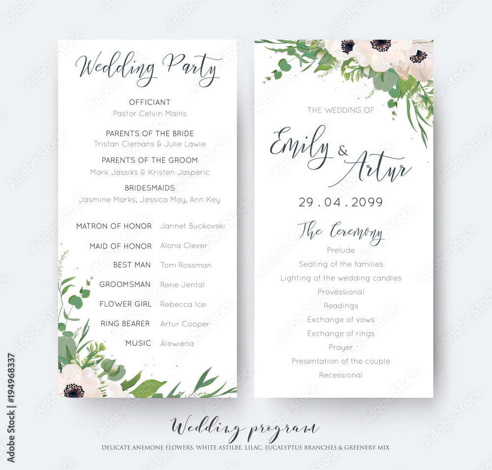 Wedding ceremony and party program card elegant design with watercolor style light pink mauve anemone flowers, eucalyptus green leaves, white lilac flowers, greenery decoration. Romantic templates set - obrazy, fototapety, plakaty 