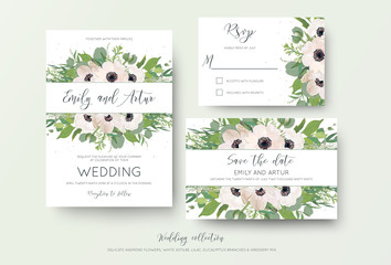 Sticker - Wedding invite, invitation, save the date, rsvp thank you card design. Green watercolor style light pink anemone flowers, eucalyptus leaves, white lilac flowers, greenery decoration. Romantic cute set