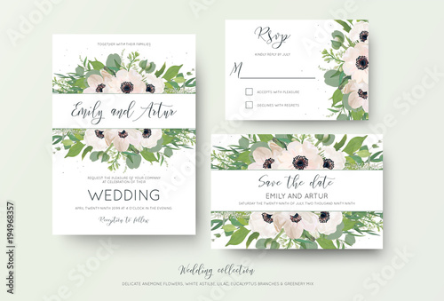 Wedding invite, invitation, save the date, rsvp thank you card design. Green ...