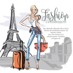 Wall Mural - Street style girl wearing denim with travel bags posing near Eiffel tower in Paris, weekend travel vacation in Europe vector illustration