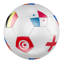 3D soccer ball with group G flags of Belgium, Panama, Tunisia, England on white background. 