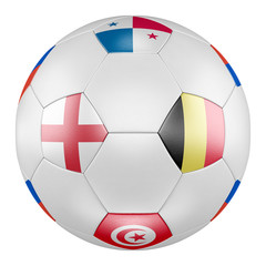 3D soccer ball with group G flags of Belgium, Panama, Tunisia, England on white background. Match between England  and Belgium