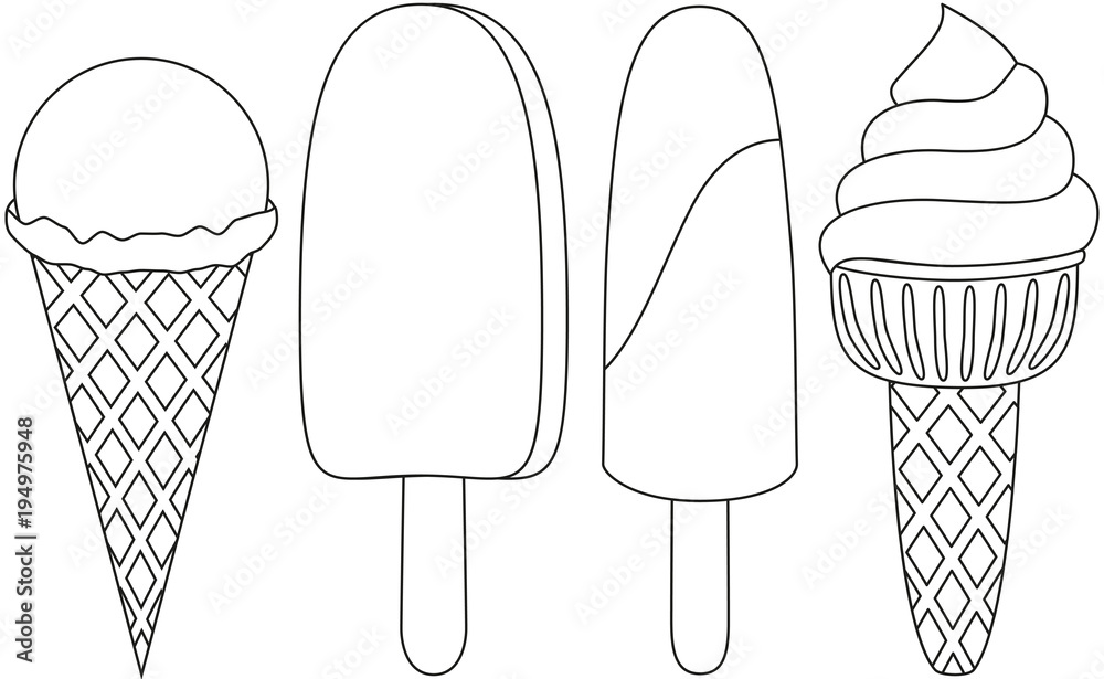 Ice cream cone popsicle line art black and white icon set. Stock Vector ...