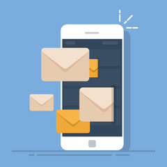 Poster - Dispatch of emails from a mobile phone. Mail client on the smartphone. Flat vector illustration isolated on blue background.