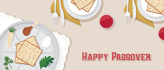 Wall Mural - traditional passover table for Passover dinner with passover plate. vector illustration template banner design