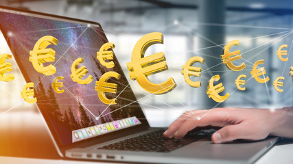 Poster - euro sign flying around a network connection - 3d render