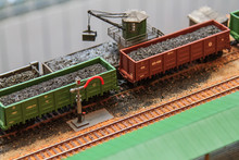 Train Hobby Model With Railways, Trees, Grass And Stations