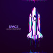 Glitch logo of shuttle white. Anaglyph space logo. Cosmos sign on dark background. White object with anaglyph color effect. Vector illustration.
