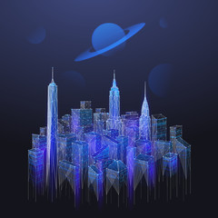 Aufkleber - Abstract image of blue landscape of the Manhattan consisting of points, lines, and shapes in the form of planets, stars and the universe. Vector New York with planet on night sky wireframe concept.