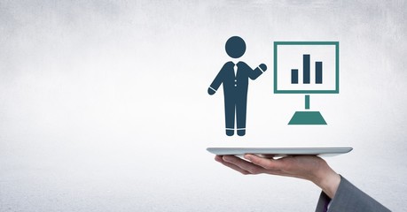 Poster - Hand holding tablet with business person presentation chart