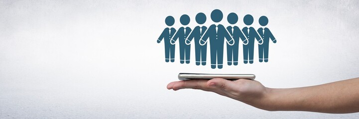 Poster - Hand holding tablet with business people group icon