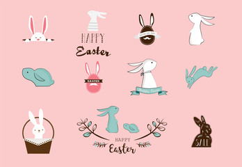 Poster - Bunny, rabbits, cute characters set, for Easter, kids and baby t-shirts and greeting cards