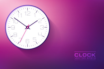 Poster - Realistic simple Clock in flat style with numbers, watch on purple and pink background. Business illustration for you presentation. Vector design object.