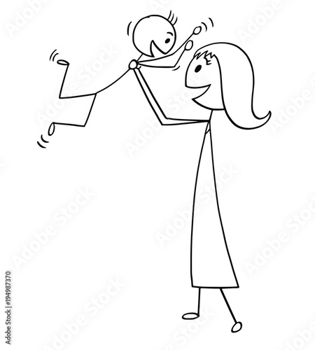 Cartoon stick man drawing conceptual illustration of mother and son ...