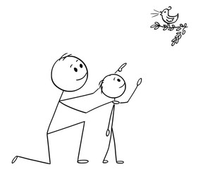 Poster - Cartoon stick man drawing conceptual illustration of father and son watching together a wild bird in the nature.