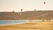 Windsurfers and kitesurfers riding at the Prasonisi beach at Rhodes island