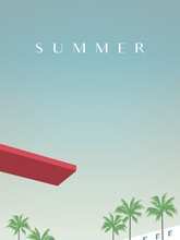 Summer Retro Vintage Poster Vector Template With Jumping Board Over Swimming Pool And Palm Trees In Tourist, Vacation Resort. Promotion Of Summer Holiday, Recreation.
