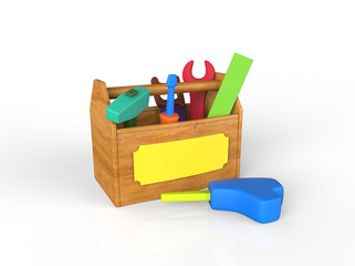 Childrens play toolkit with work tools isolated on white. 3D image