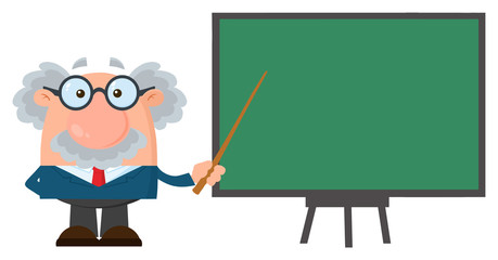 Professor Or Scientist Cartoon Character With Pointer Presenting On A Board. Illustration Flat Design Isolated On White Background