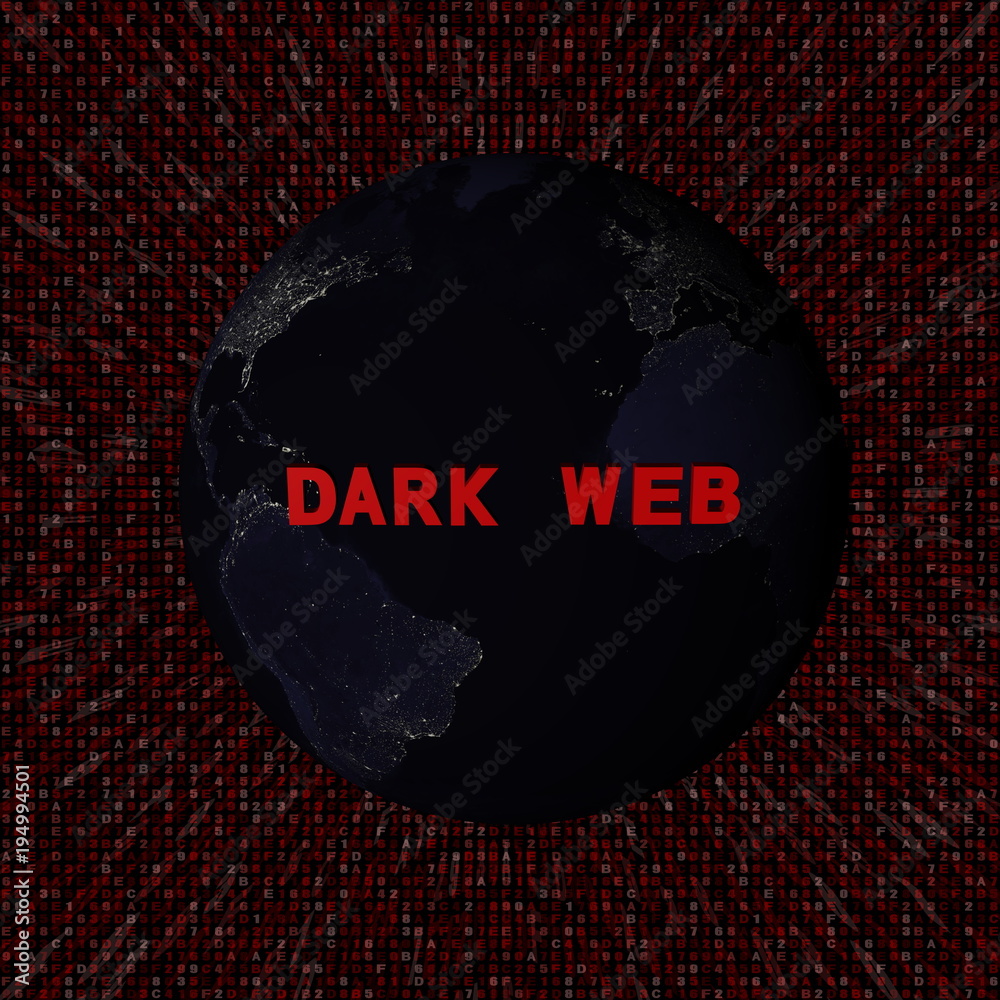 Dark web text with earth by night and red hex code illustration ...