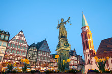 Scales Of Justice At Romerberg Square, The Old Town Center, And The Romer, With The Old Nikolai Church, Frankfurt, Hesse, Germany