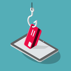 Fototapete - Phishing Scam vector symbol with tablet, red credit card and fishing hook isolated on blue background. Flat design, easy to use for your website or presentation.