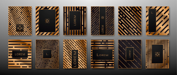 	 Vector set of abstract templates, luxury gold design, trendy linear style. Abstract gradients backgrounds, black, copper and gold geometric collection.