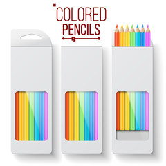 Aufkleber - Colored Pencils Packaging Vector. Wooden Pencil Paper Box Top View. Branding Design Template. Isolated Realistic Illustration
