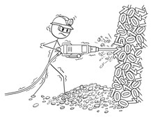 Cartoon Stick Man Drawing Conceptual Illustration Of Mining Cryptocurrency By Pneumatic Drill From Rock Made From Binary Zero And One Numbers.