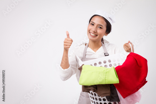 Happy Smiling Asian Woman Giving Yes Thumb Up Good Thumb Up Of Domestic Helper Woman Housekeeper Housewife Woman Maid Holds Laundry Basket Cloth Laundry Service Staff Ok Accepting Thumb Up Buy