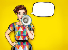 Pop Art Girl With Megaphone. Woman With Loudspeaker. Advertising Poster With Lady Announcing Discount Or Sale. 