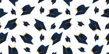 Graduation Cap On White Background. Seamless Pattern.