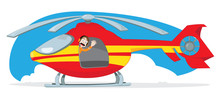 A Vector Cartoon Representing A Funny And Friendly Pilot, Wearing Some Orange Headphones, Cheering And Gesturing From The Inside Of A Landed Red And Yellow Rescue Helicopter