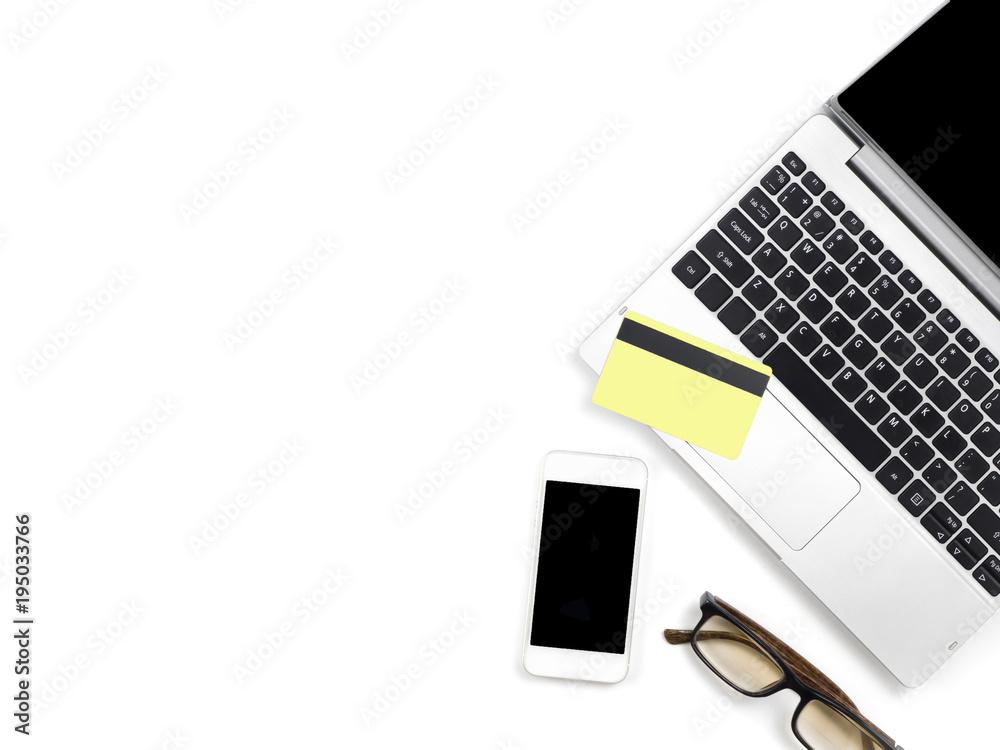 Minimal and Modern white office desk with laptop and glasses and other ...