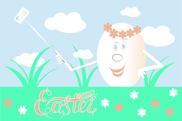 Greeting card lettering Happy Easter. Smiling white egg in a wreath of pink flowers makes selfie, blue sky background, green grass, advertising, for mobile cell, for social networking stock vector ill