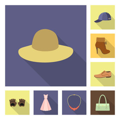 Clothes and accessories flat icons in set collection for design. Shoes and decoration vector symbol stock web illustration.