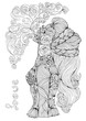 Vector hand drawn in profile sexy tattooed woman with pigtails in long hair. Romantic patterned girl let a pair vaping e-cigarette. Pattern smoking girl coloring page A4 size for adults.