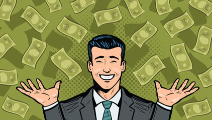 Successful businessman and dollars. Wealth, winning, success or earnings concept. Cartoon in pop art retro comic style, vector illustration