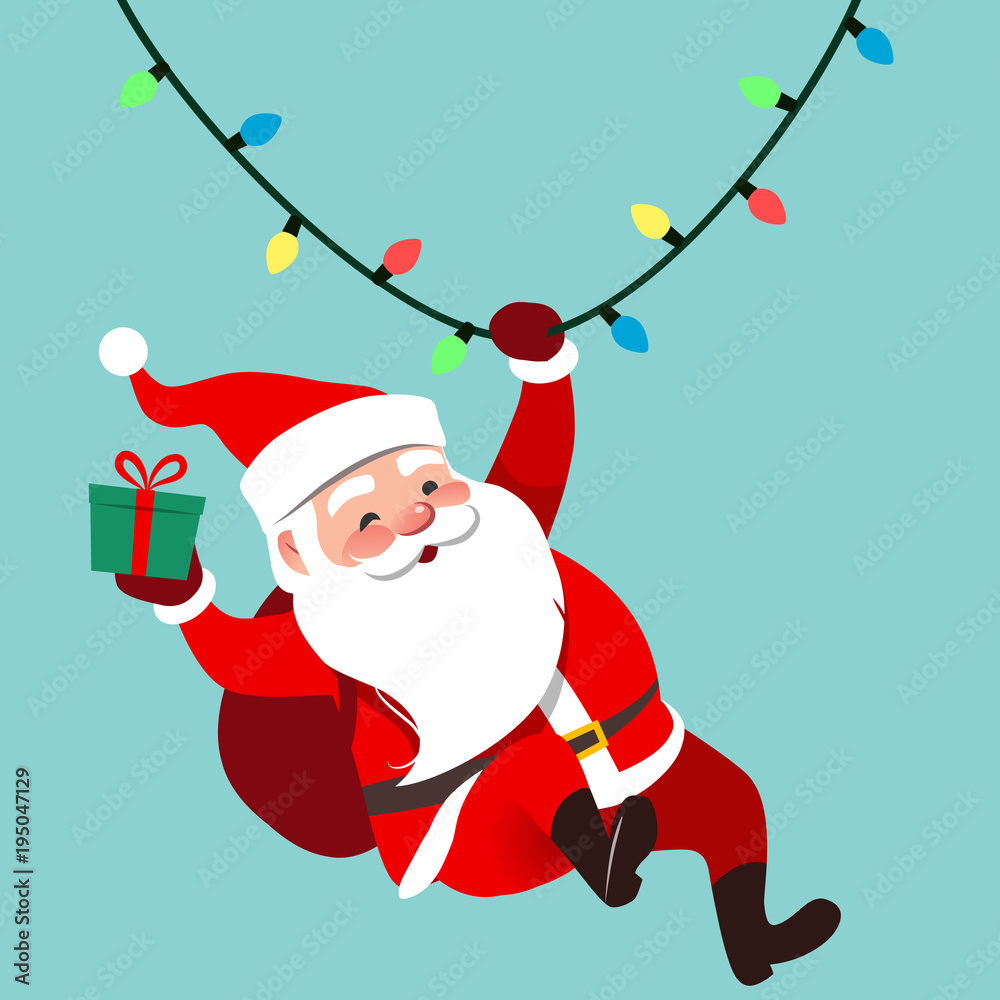 Vector cartoon illustration of cute traditional Santa Claus character  swinging on a string of rope Chrismas lights, wrapped gift in hand,  isolated on aqua blue. Christmas winter holiday design element Stock Vector  |, image size:1000x1000