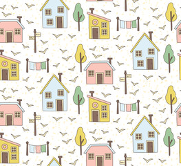  Houses village buildings nordic style seamless vector pattern