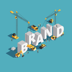 brand building construction 3d isometric vector concept with construction machinery and workers