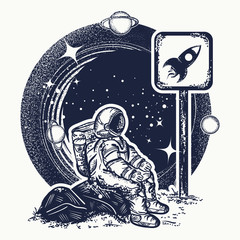 Wall Mural - astronaut in space tattoo and t-shirt design. symbol of startup, space tourism, dream, imagination, 