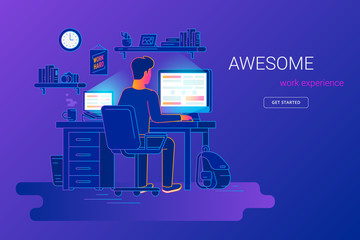 Wall Mural - Man working with pc at his work desk and testing ui and ux. Gradient line vector illustration of student studying at home. Young guy working with computer and laptop at home on violet background