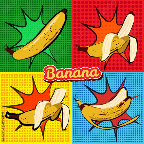 Fotografía Banana opened banana bitten banana peel banana pop art vector illustration, isol