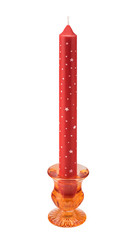 Red glass candlestick with Christmas candle isolated over white