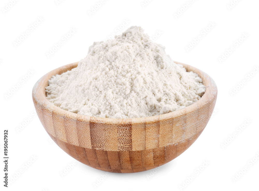 Wheat flour in wooden bowl on white background