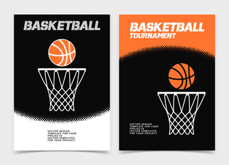 Wall Mural - Basketball brochure or web banner design with ball and hoop icon